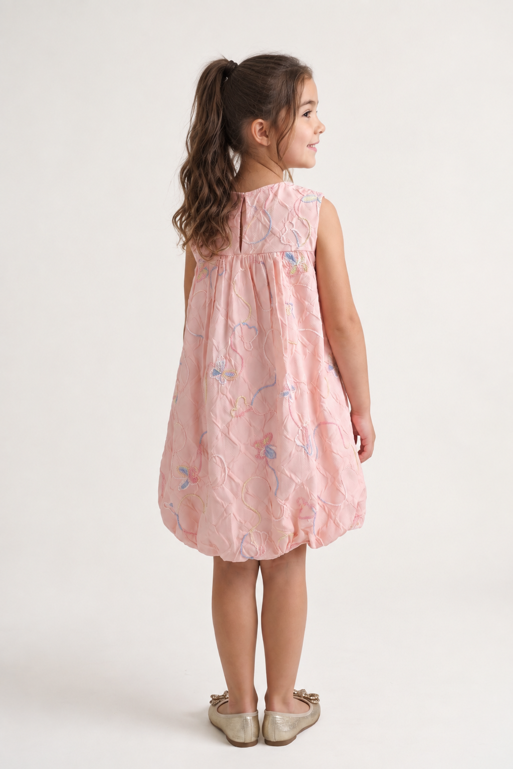 Girls Pink Embroidered Jacquard Full Sleeve Dress