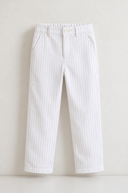 Boys Off White Striped Cotton Regular Fit Trousers