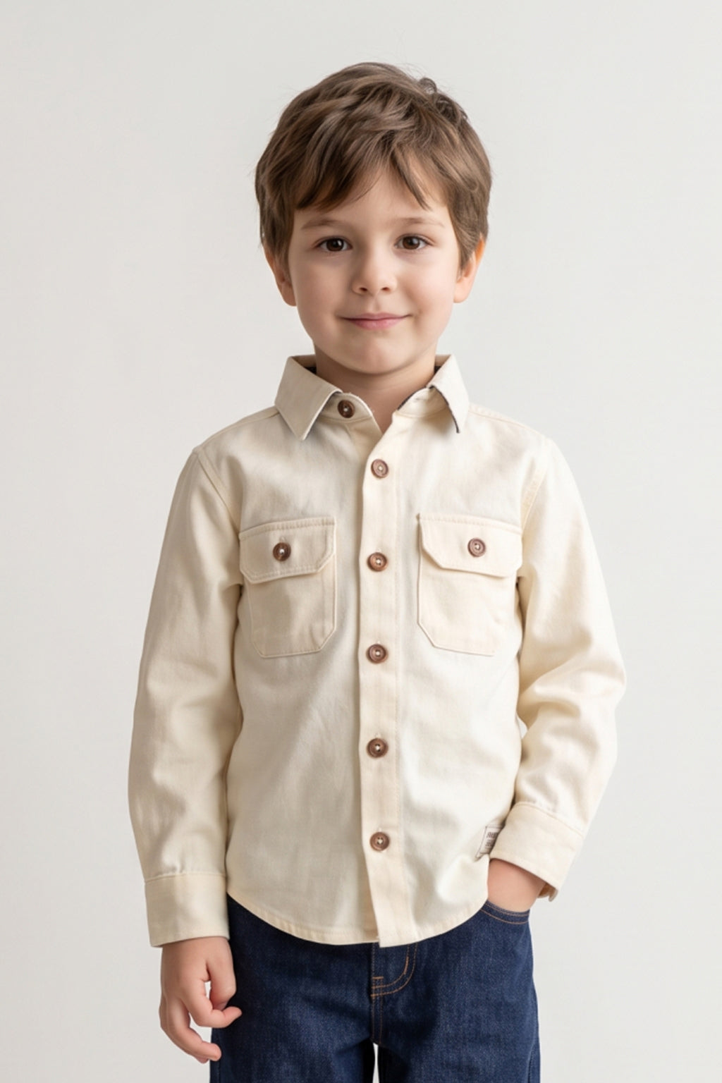 Boys Off White Cotton Twill Loose Fit Overshirt