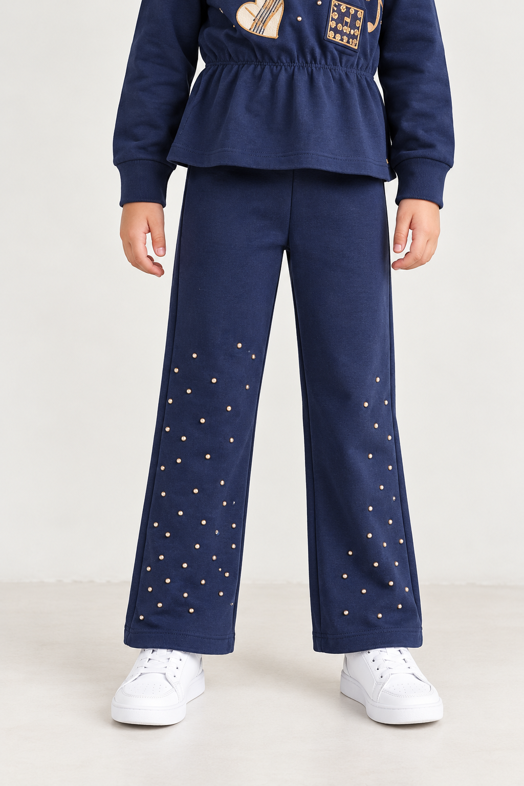 Girls Navy Blue Embellished Interlock Track Pants
