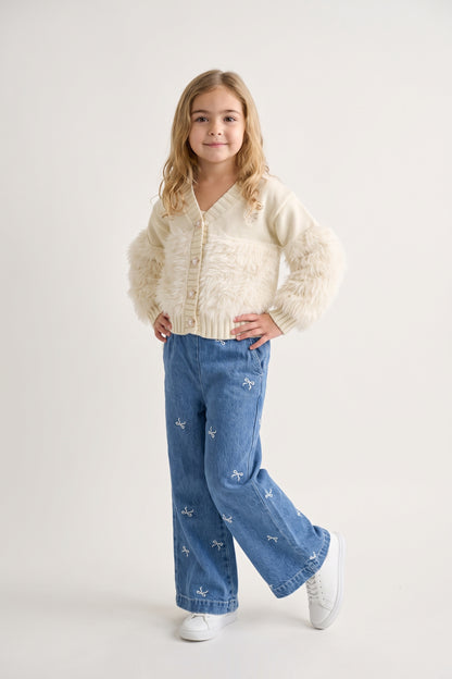 Girls Off White Acrylic V-Neck Button Cardigan