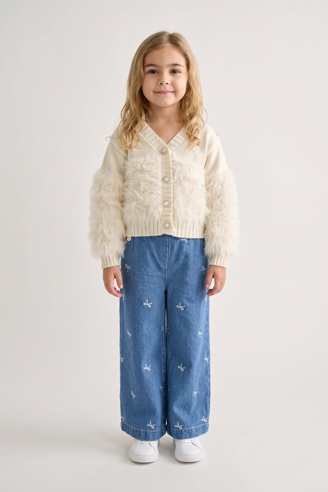 Girls Off White Acrylic V-Neck Button Cardigan
