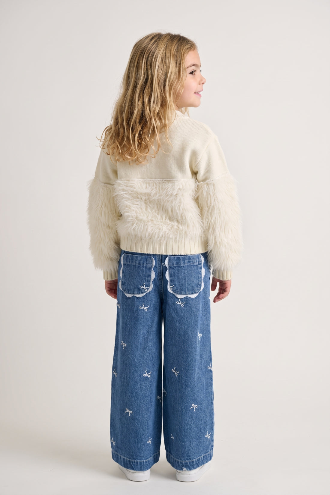 Girls Off White Acrylic V-Neck Button Cardigan