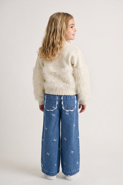Girls Off White Acrylic V-Neck Button Cardigan