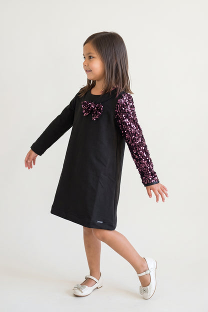Black Sequin Velour Full Sleeve Dress