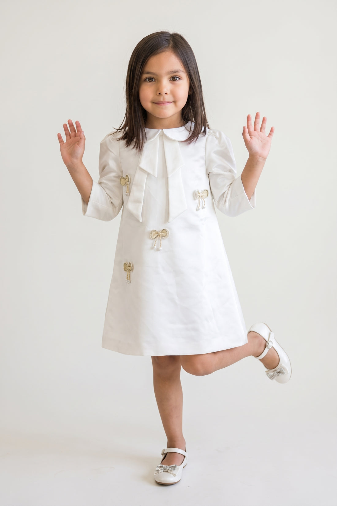 Off White Satin Peter Pan Collar Dress