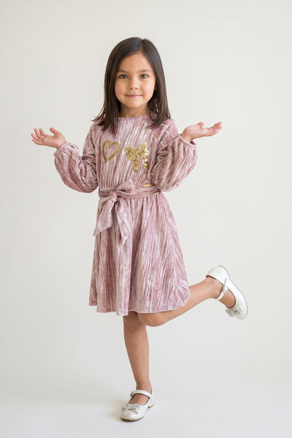 Pink Embellished Velour Full Sleeve Dress