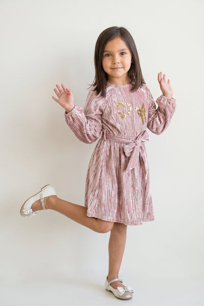 Pink Embellished Velour Full Sleeve Dress