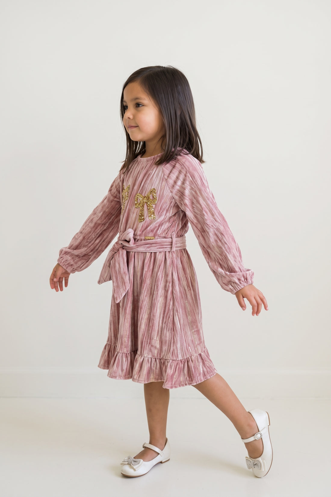 Pink Embellished Velour Full Sleeve Dress