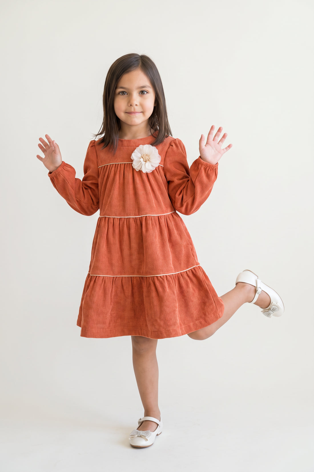 Rust Embellished Corduroy Stand Collar Dress