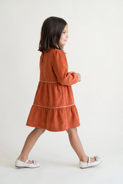 Rust Embellished Corduroy Stand Collar Dress