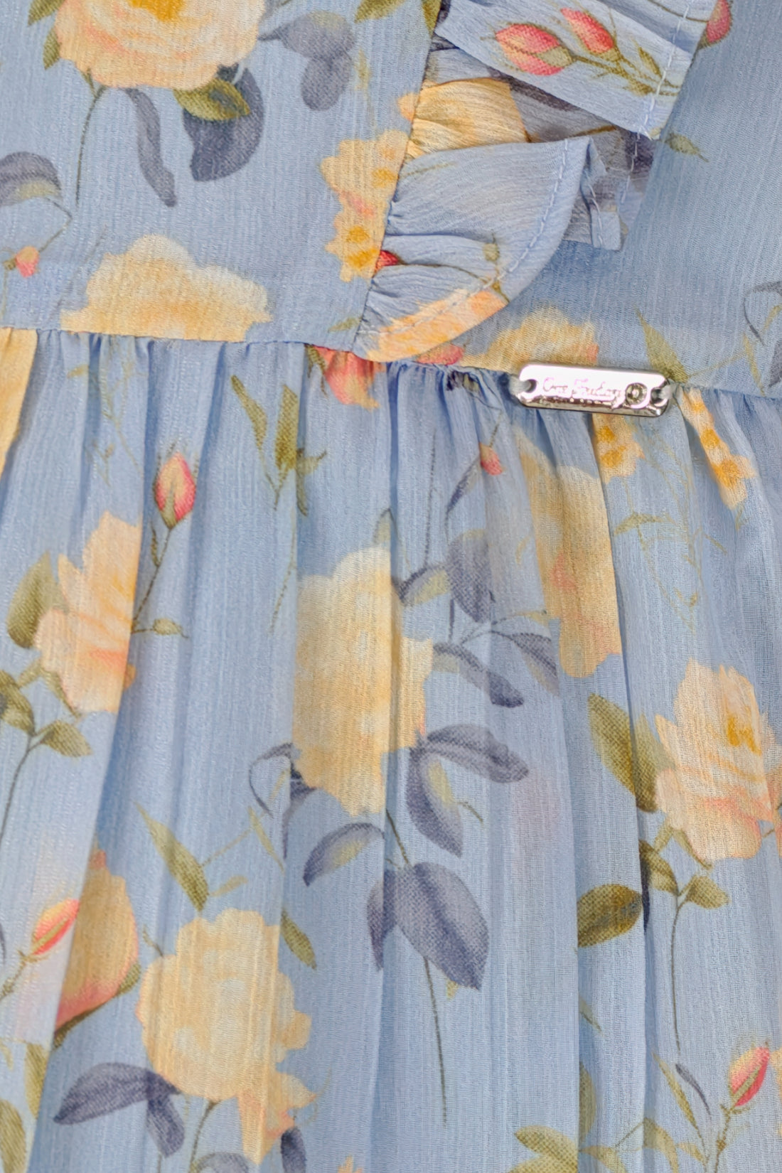 Blue Printed Chiffon Lurex Half Sleeve Dress