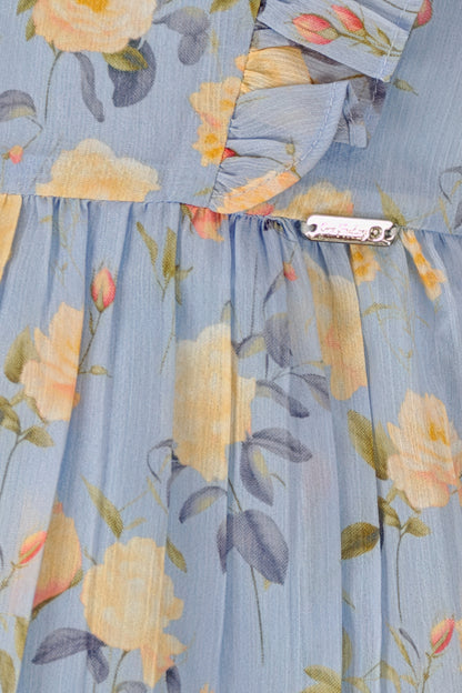 Blue Printed Chiffon Lurex Half Sleeve Dress