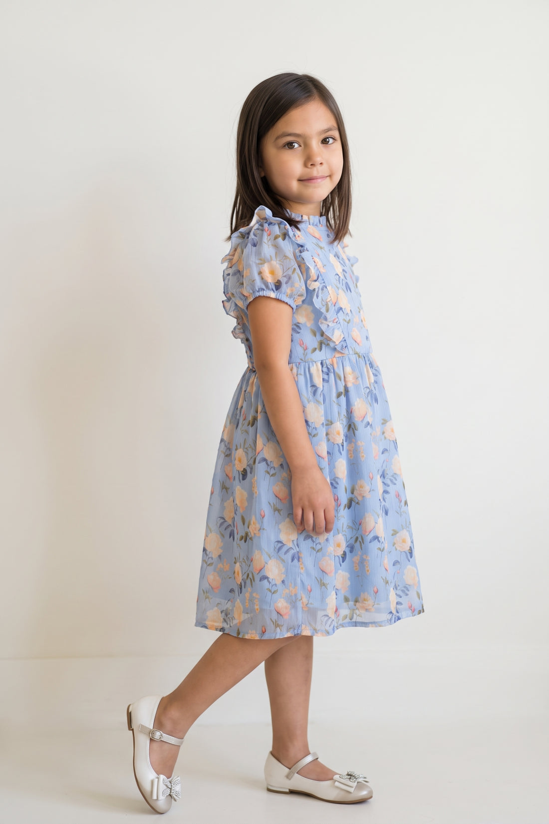 Blue Printed Chiffon Lurex Half Sleeve Dress