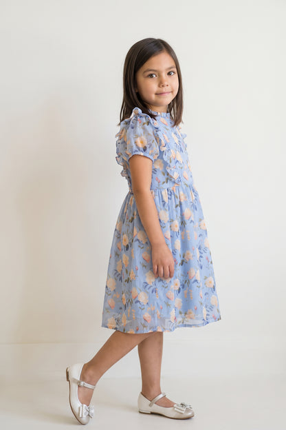 Blue Printed Chiffon Lurex Half Sleeve Dress
