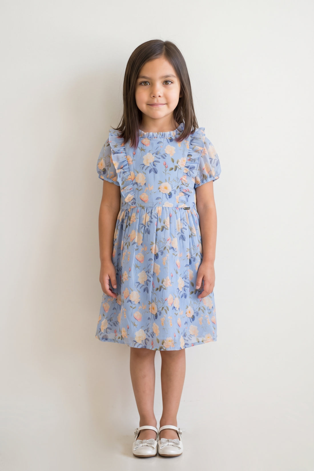 Blue Printed Chiffon Lurex Half Sleeve Dress