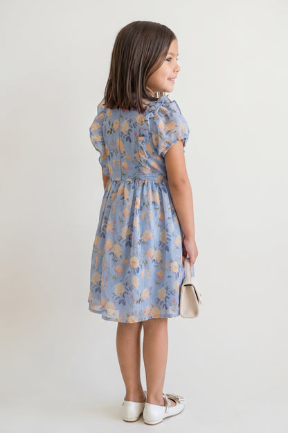 Blue Printed Chiffon Lurex Half Sleeve Dress