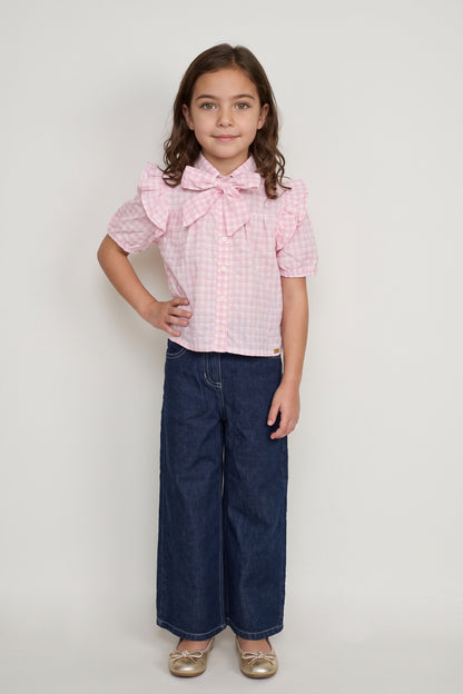 Girls Pink Lurex Check Shirt Collar Top