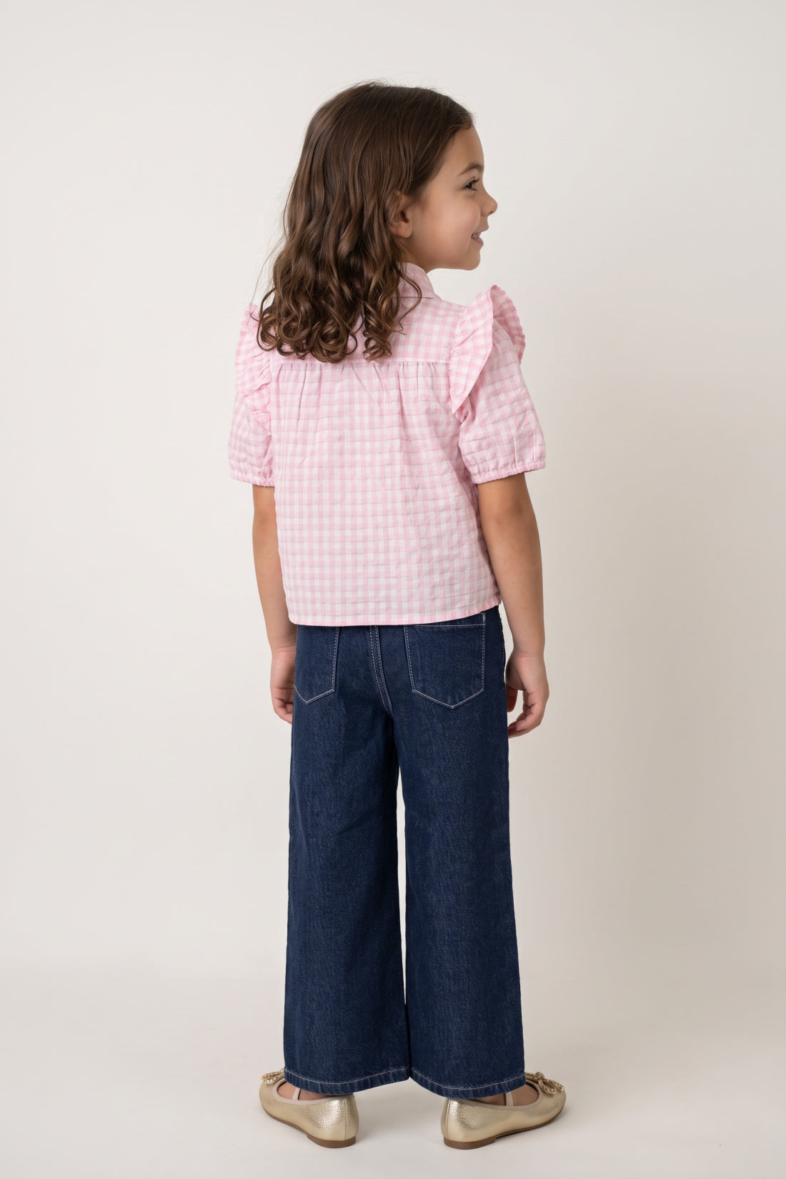 Girls Pink Lurex Check Shirt Collar Top