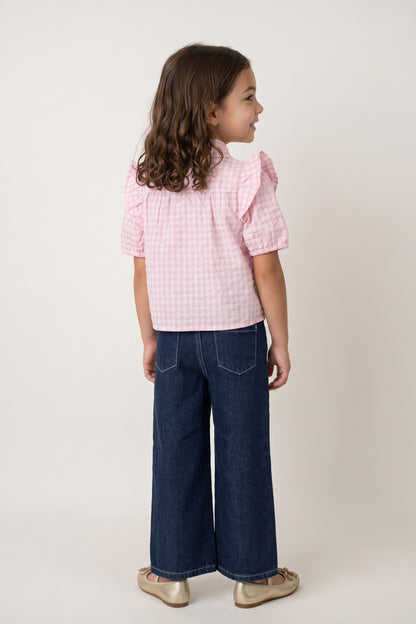 Girls Pink Lurex Check Shirt Collar Top