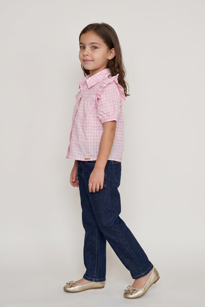 Girls Pink Lurex Check Shirt Collar Top