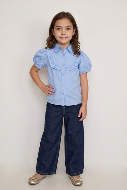 Girls Blue Cotton Poplin Shirt Collar Top
