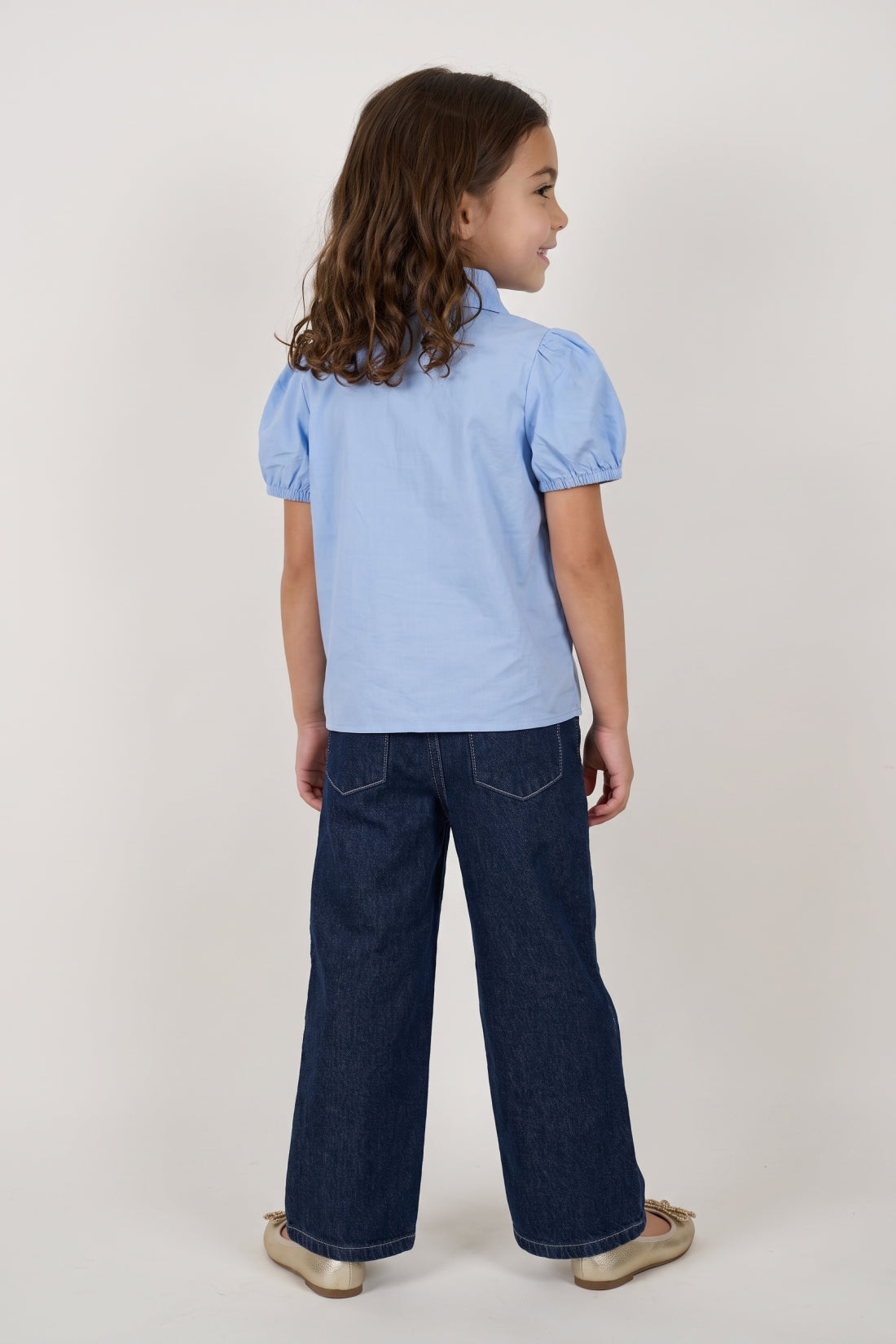 Girls Blue Cotton Poplin Shirt Collar Top