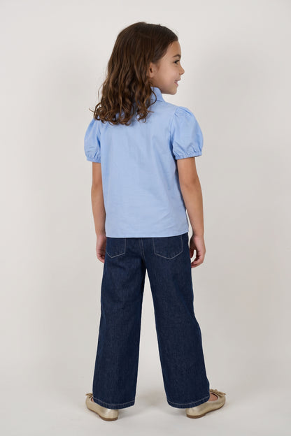 Girls Blue Cotton Poplin Shirt Collar Top