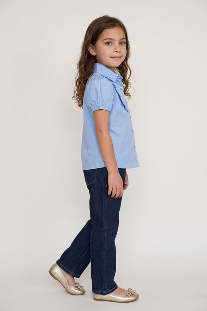 Girls Blue Cotton Poplin Shirt Collar Top