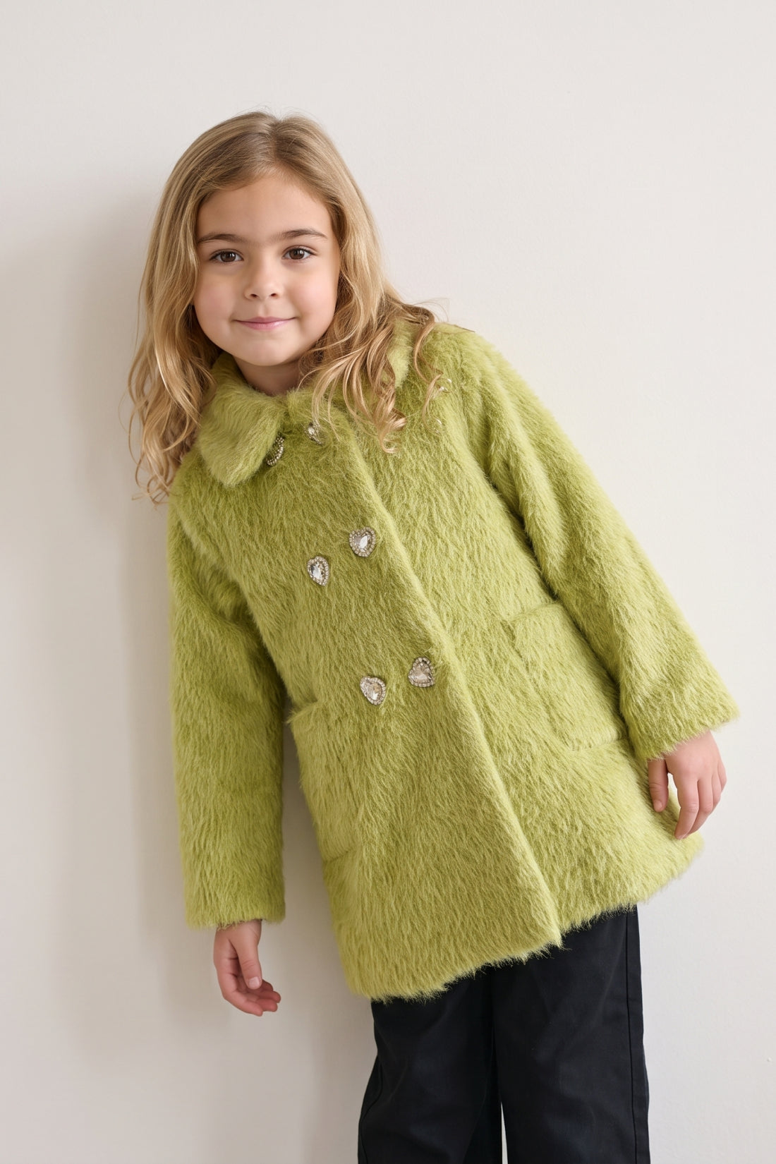 Girls Green Boucle Peter Pan Collar Overcoat