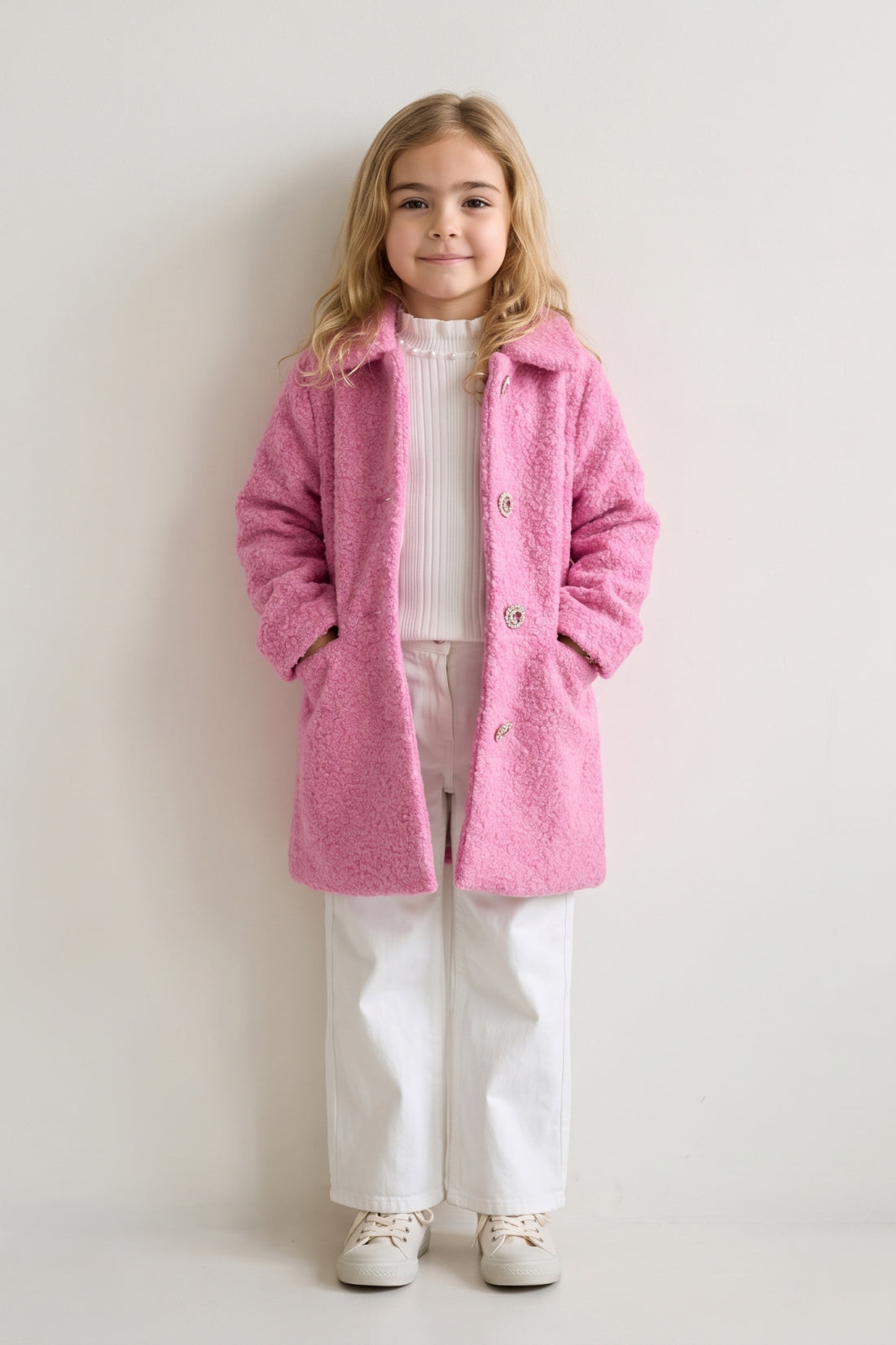 Girls Pink Boucle Satin-Lined Buttoned Overcoat