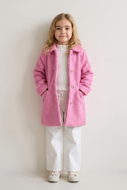 Girls Pink Boucle Satin-Lined Buttoned Overcoat