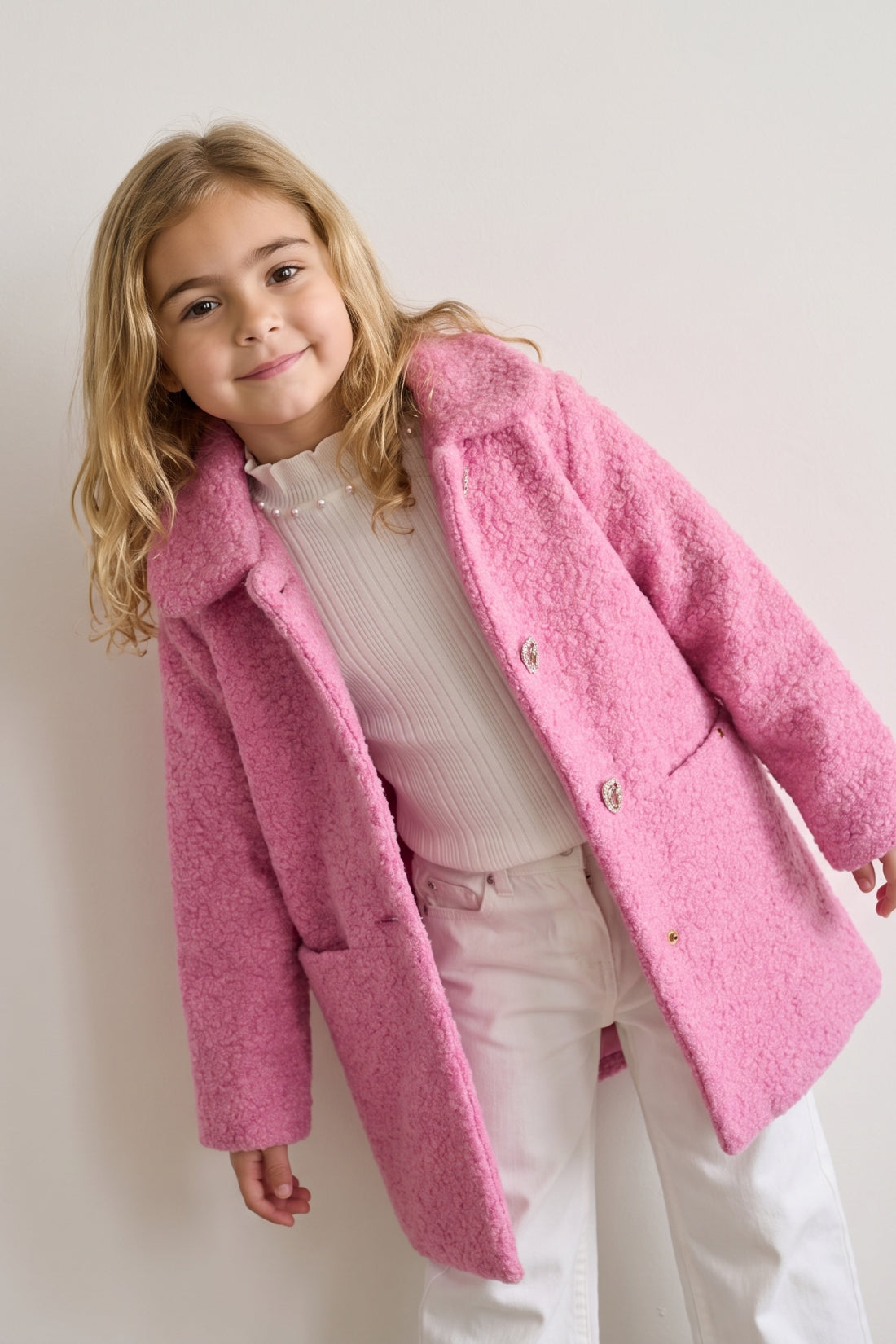 Girls Pink Boucle Satin-Lined Buttoned Overcoat