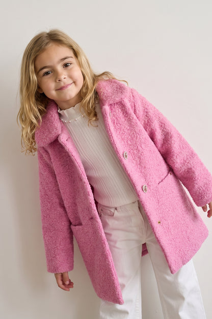 Girls Pink Boucle Satin-Lined Buttoned Overcoat