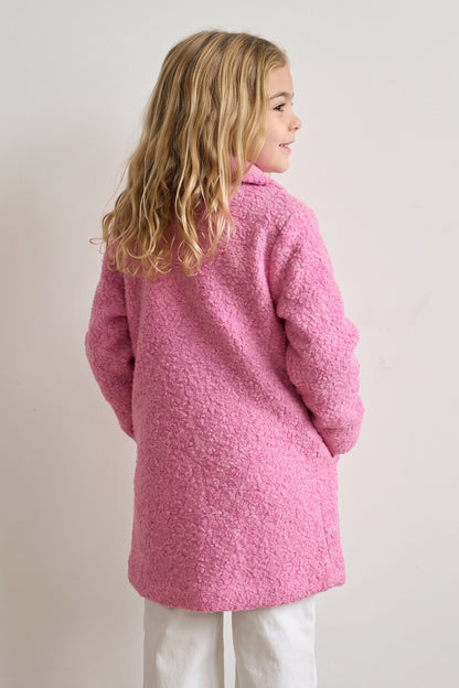 Girls Pink Boucle Satin-Lined Buttoned Overcoat