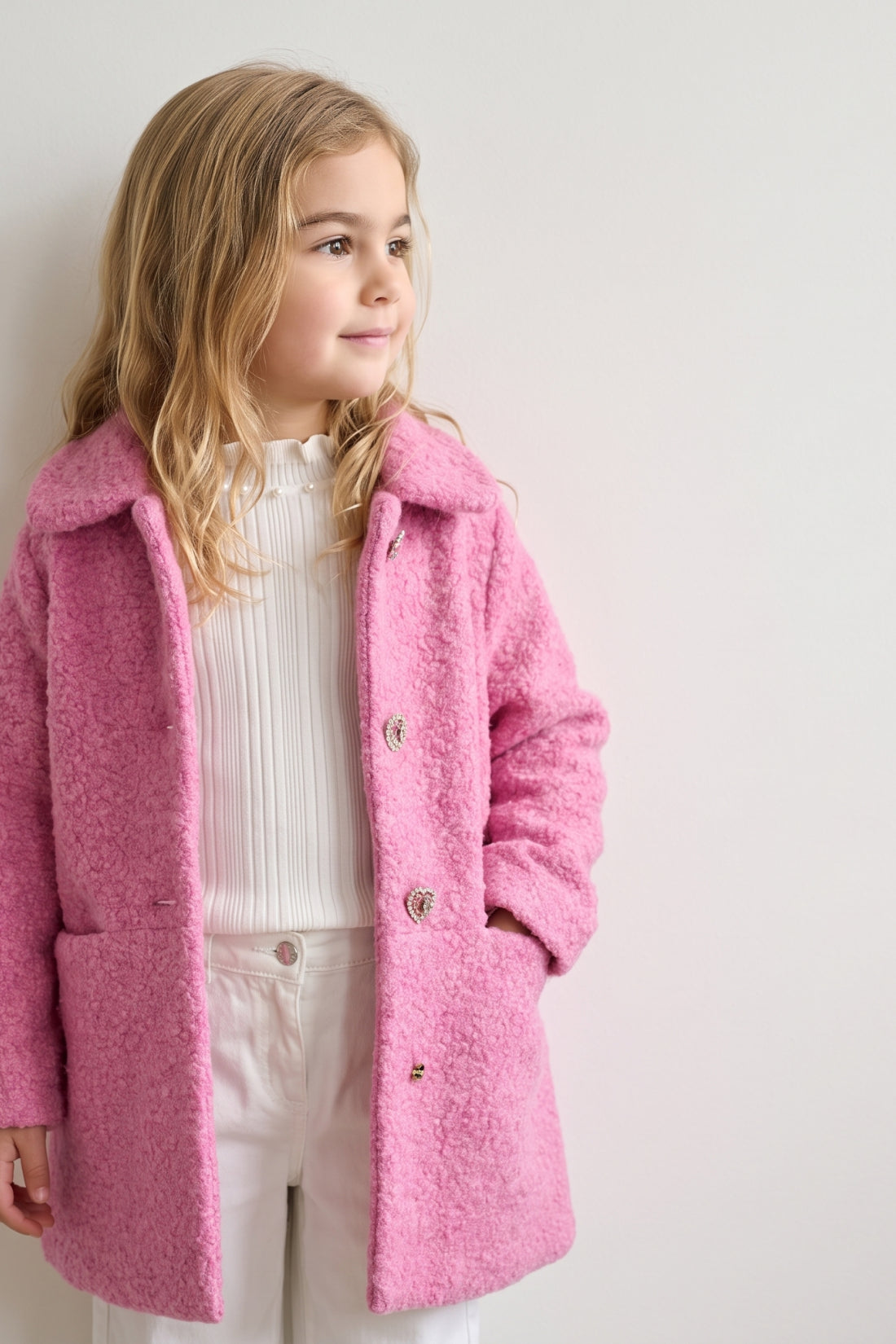 Girls Pink Boucle Satin-Lined Buttoned Overcoat