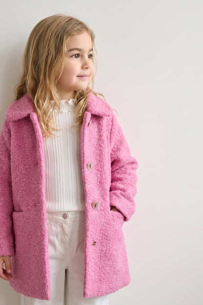 Girls Pink Boucle Satin-Lined Buttoned Overcoat