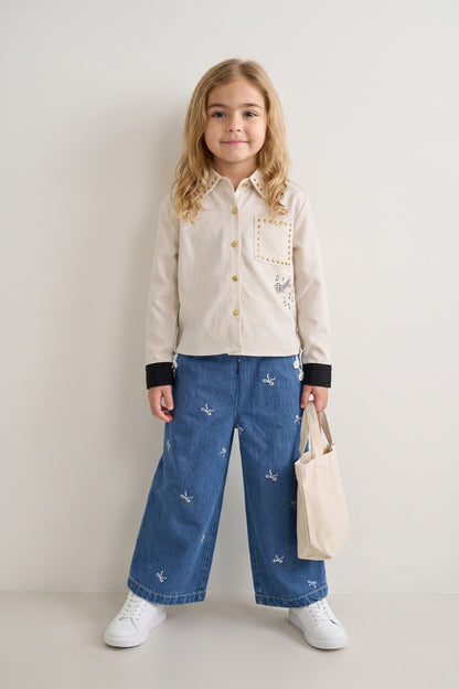 Girls Off White Embellished Shirt with Shirt Collar