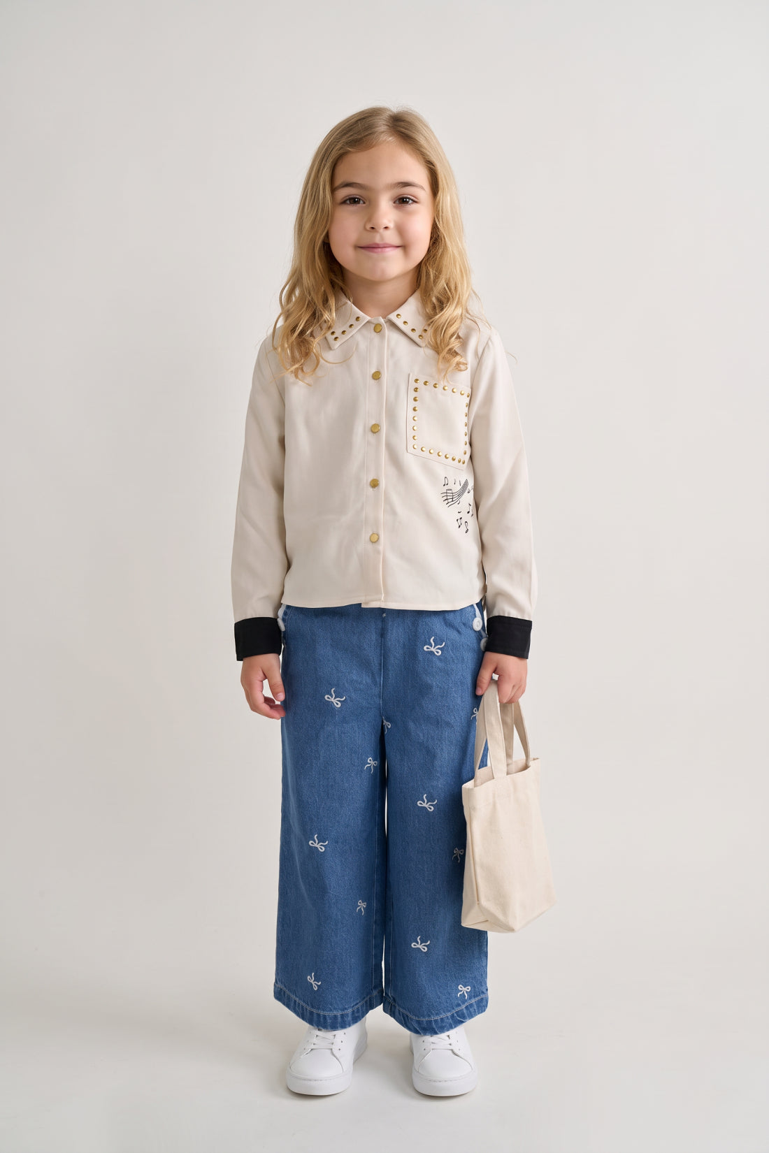 Girls Off White Embellished Shirt with Shirt Collar