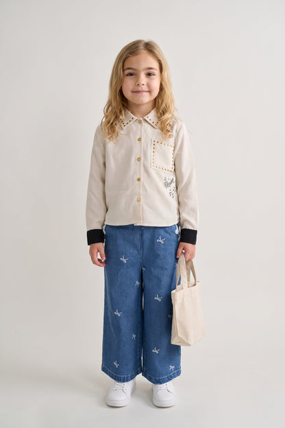 Girls Off White Embellished Shirt with Shirt Collar
