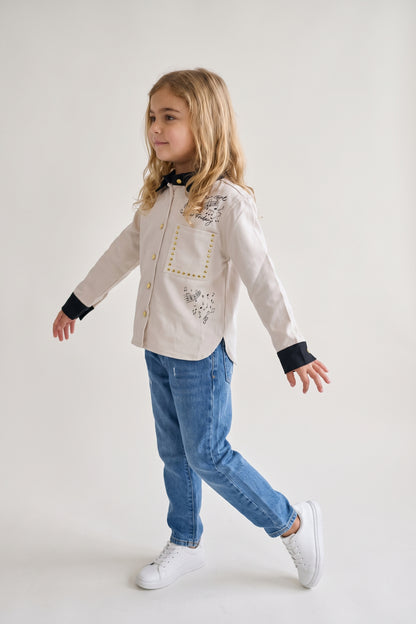 Girls Off White Embellished Shirt with Shirt Collar