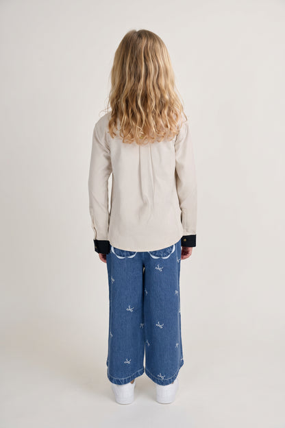 Girls Off White Embellished Shirt with Shirt Collar
