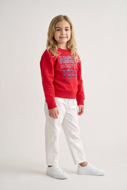 Girls Red Embellished Cotton Fleece Sweatshirt