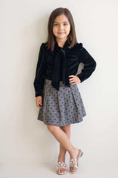 Girls Black Velvet Tie Collar Full Sleeve Top
