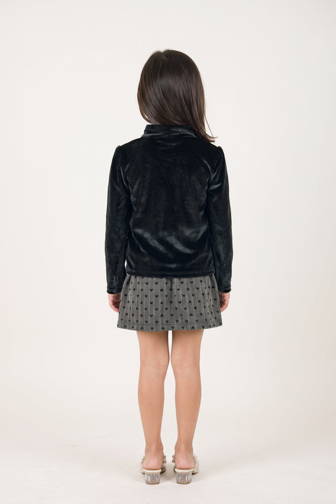 Girls Black Velvet Tie Collar Full Sleeve Top