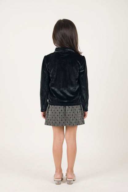 Girls Black Velvet Tie Collar Full Sleeve Top
