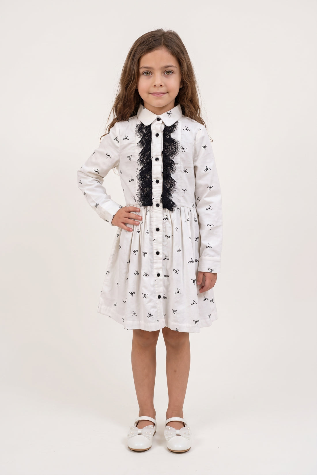 White Printed Corduroy Shirt Collar Dress