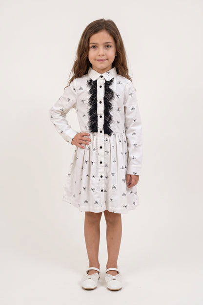 White Printed Corduroy Shirt Collar Dress