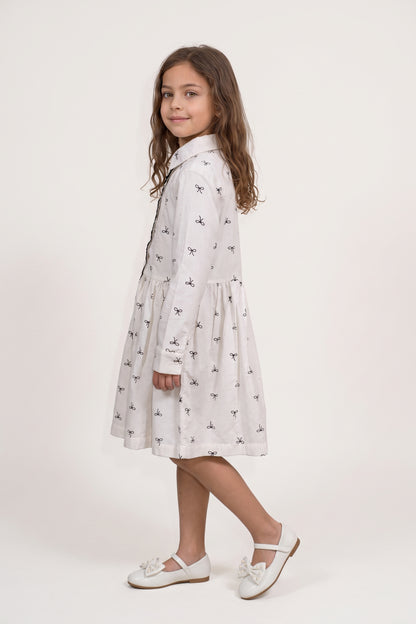 White Printed Corduroy Shirt Collar Dress