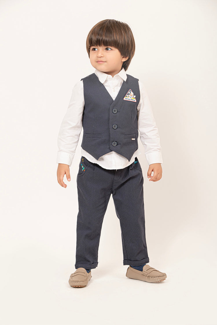 Baby Boys Navy Blue Mickey Print Cotton Shirt With Trousers & Waistcoat